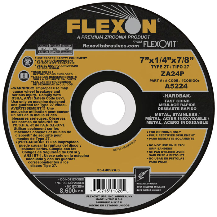 FLEXOVIT - 7" X 1/4" X 7/8" FLEXON® 24 GRIT ZIRCONIA ALUMINA GRAIN REINFORCED TYPE 27 DEPRESSED CENTER GRINDING WHEEL - A5224