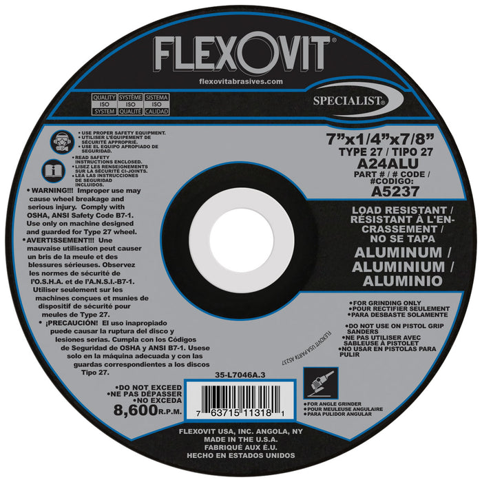FLEXOVIT - 7" X 1/4" X 7/8" SPECIALIST® ALUMINUM 24 GRIT ALUMINUM OXIDE GRAIN REINFORCED TYPE 27 DEPRESSED CENTER GRINDING WHEEL - A5237