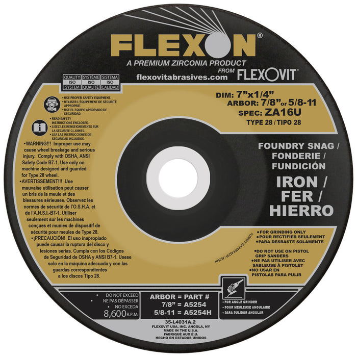 FLEXOVIT - 7" X 1/4" X 7/8" FLEXON® 16 GRIT ZIRCONIA ALUMINA GRAIN REINFORCED TYPE 28 DEPRESSED CENTER GRINDING WHEEL - A5254