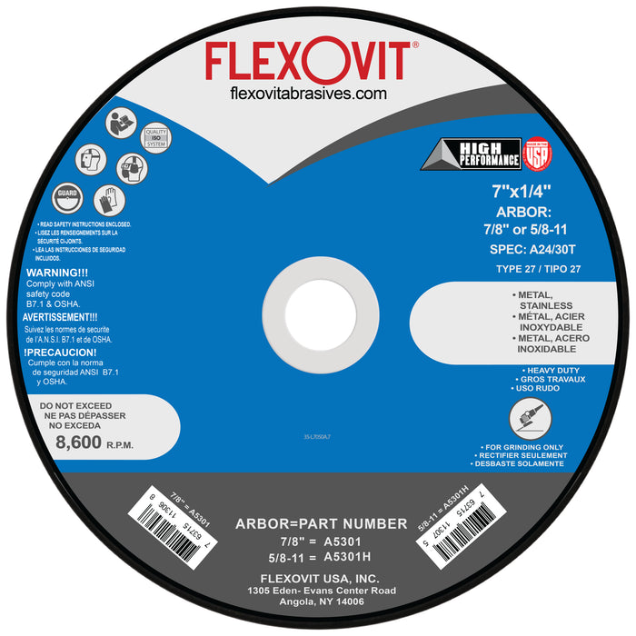 FLEXOVIT - 7" X 1/4" X 5/8" - 11 HIGH PERFORMANCE™ 24- GRIT ALUMINUM OXIDE GRAIN REINFORCED TYPE 27 SPIN-ON DEPRESSED CENTER GRINDING WHEEL - A5301H