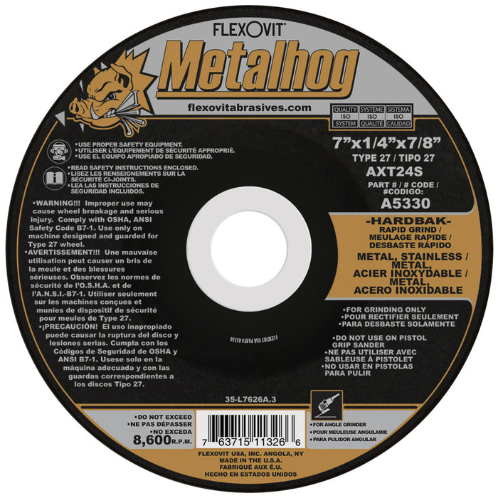 FLEXOVIT - 7" X 1/4" X 5/8" - 11 METALHOG® 24 GRIT PREMIUM BLEND GRAIN REINFORCED TYPE 27 SPIN-ON DEPRESSED CENTER GRINDING WHEEL - A5330H