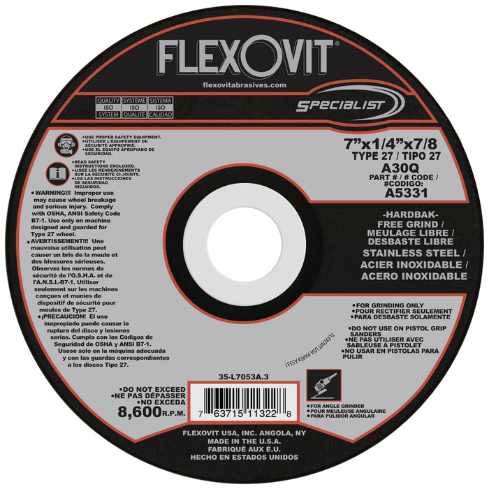 FLEXOVIT - 7" X 1/4" X 5/8" - 11 SPECIALIST® STAINLESS STEEL 30 GRIT ALUMINUM OXIDE GRAIN REINFORCED TYPE 27 SPIN-ON DEPRESSED CENTER GRINDING WHEEL - A5331H