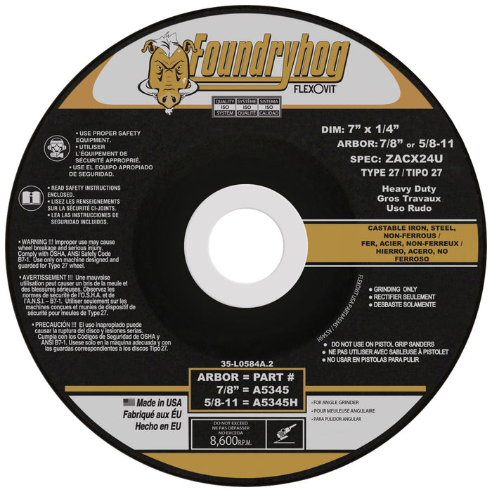 FLEXOVIT - 7" X 1/4" X 5/8" - 11 FOUNDRYHOG® 24 GRIT PREMIUM BLEND GRAIN REINFORCED TYPE 27 SPIN-ON DEPRESSED CENTER GRINDING WHEEL - A5345H