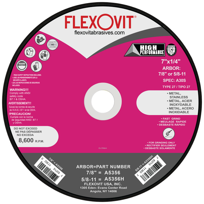 FLEXOVIT - 7" X 1/4" X 7/8" HIGH PERFORMANCE™ 30 GRIT ALUMINUM OXIDE GRAIN REINFORCED TYPE 27 DEPRESSED CENTER GRINDING WHEEL - A5356