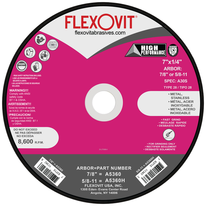 FLEXOVIT - 7" X 1/4" X 7/8" HIGH PERFORMANCE™ 30 GRIT ALUMINUM OXIDE GRAIN REINFORCED TYPE 28 DEPRESSED CENTER GRINDING WHEEL - A5360