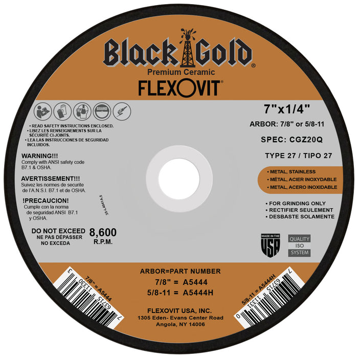 FLEXOVIT - 7" X 1/4" X 7/8" BLACK GOLD® 20 GRIT ZIRCONIA & CERAMIC GRAIN REINFORCED TYPE 27 DEPRESSED CENTER GRINDING WHEEL - A5444