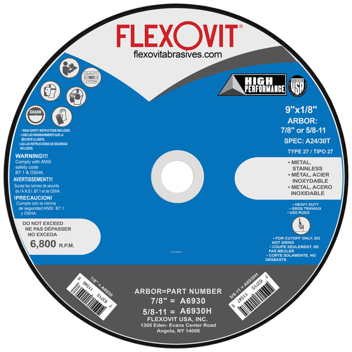 FLEXOVIT - 9" X 1/8" X 5/8" - 11 HIGH PERFORMANCE™ 24- GRIT ALUMINUM OXIDE GRAIN REINFORCED TYPE 27 SPIN-ON DEPRESSED CENTER CUT-OFF WHEEL - A6930H