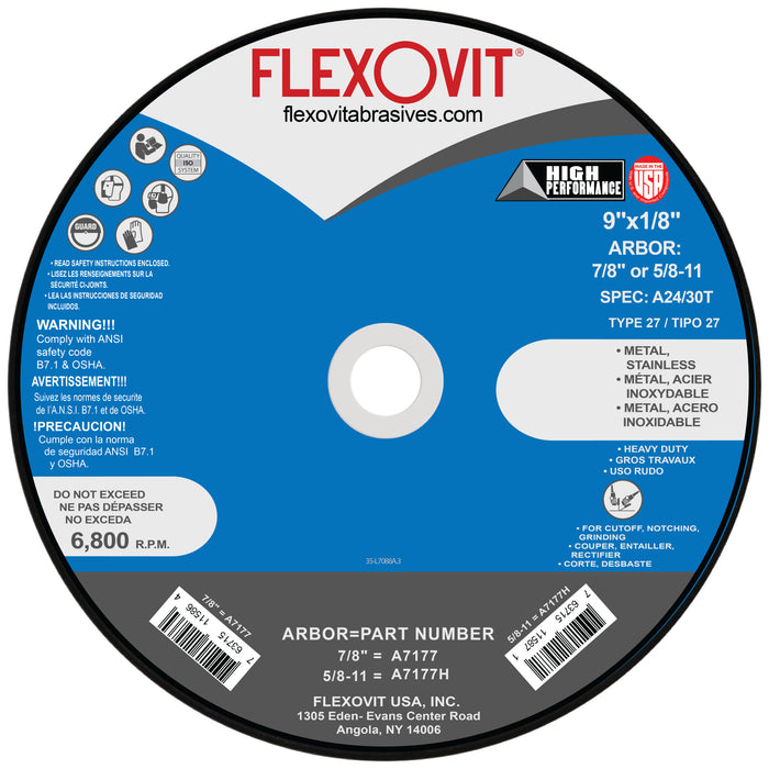 FLEXOVIT - 9" X 1/8" X 7/8" HIGH PERFORMANCE™ 24- GRIT ALUMINUM OXIDE GRAIN REINFORCED TYPE 27 DEPRESSED CENTER COMBINATION WHEEL - A7177