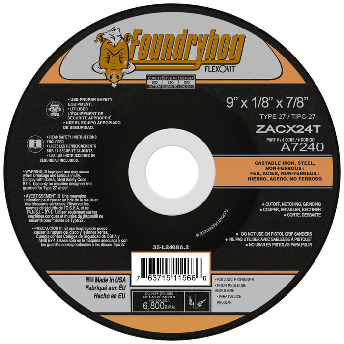 FLEXOVIT - 9" X 1/8" X 7/8" FOUNDRYHOG™ 24 GRIT PREMIUM BLEND GRAIN REINFORCED TYPE 27 DEPRESSED CENTER COMBINATION WHEEL - A7240