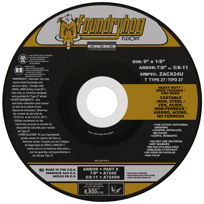 FLEXOVIT - 9" X 1/8" X 5/8" - 11 FOUNDRYHOG™ 24 GRIT PREMIUM BLEND GRAIN REINFORCED TYPE 27 SPIN-ON DEPRESSED CENTER COMBINATION WHEEL - A7245H