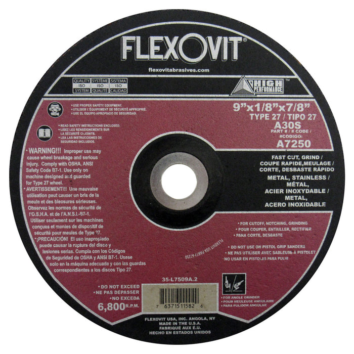 FLEXOVIT - 9" X 1/8" X 7/8" HIGH PERFORMANCE™ 30 GRIT ALUMINUM OXIDE GRAIN REINFORCED TYPE 27 DEPRESSED CENTER COMBINATION WHEEL - A7250