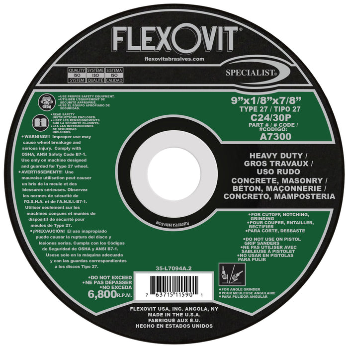 FLEXOVIT - 9" X 1/8" X 7/8" SPECIALIST® CONCRETE 24- GRIT SILICON CARBIDE GRAIN REINFORCED TYPE 27 DEPRESSED CENTER COMBINATION WHEEL - A7300