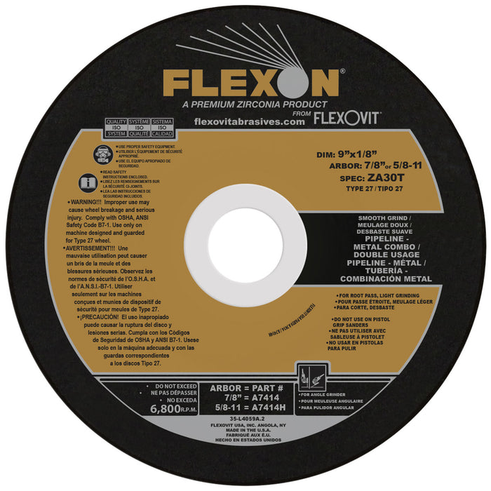 FLEXOVIT - 9" X 1/8" X 5/8" - 11 FLEXON® 30 GRIT ZIRCONIA ALUMINA GRAIN REINFORCED TYPE 27 SPIN-ON DEPRESSED CENTER COMBINATION WHEEL - A7414H