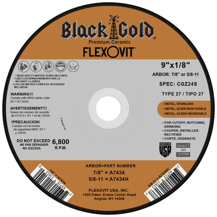 FLEXOVIT - 9" X 1/8" X 5/8" - 11 BLACK GOLD® 24 GRIT ZIRCONIA ALUMINA GRAIN REINFORCED TYPE 27 SPIN-ON DEPRESSED CENTER COMBINATION WHEEL - A7434H