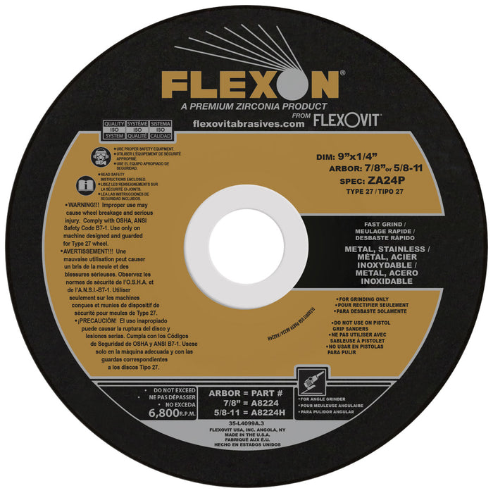 FLEXOVIT - 9" X 1/4" X 7/8" FLEXON® 24 GRIT ZIRCONIA ALUMINA GRAIN REINFORCED TYPE 27 DEPRESSED CENTER GRINDING WHEEL - A8224