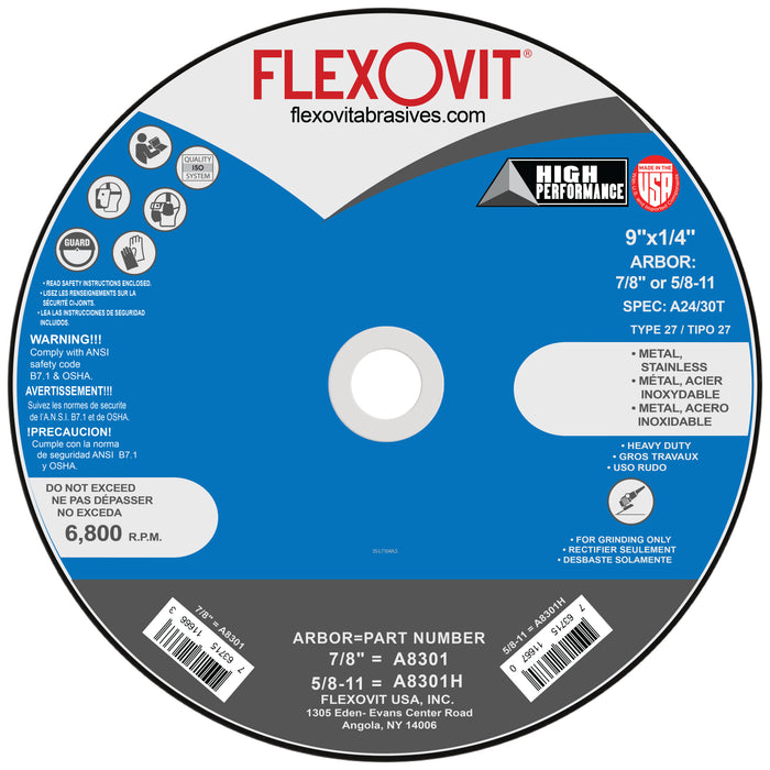 FLEXOVIT - 9" X 1/4" X 7/8" HIGH PERFORMANCE™ 24- GRIT ALUMINUM OXIDE GRAIN REINFORCED TYPE 27 DEPRESSED CENTER GRINDING WHEEL - A8301