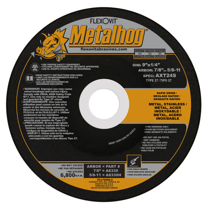 FLEXOVIT - 9" X 1/4" X 7/8" METALHOG® 24 GRIT PREMIUM BLEND GRAIN REINFORCED TYPE 27 DEPRESSED CENTER GRINDING WHEEL - A8330