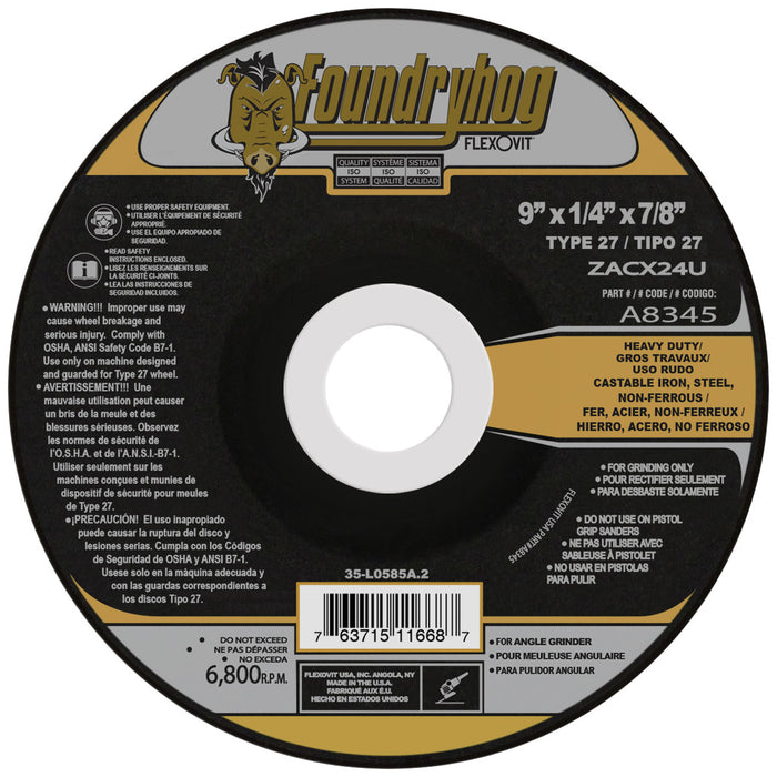 FLEXOVIT - 9" X 1/4" X 5/8" - 11 FOUNDRYHOG® 24 GRIT PREMIUM BLEND GRAIN REINFORCED TYPE 27 SPIN-ON DEPRESSED CENTER GRINDING WHEEL - A8345H