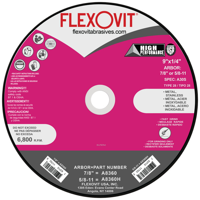 FLEXOVIT - 9" X 1/4" X 7/8" HIGH PERFORMANCE™ 30 GRIT ALUMINUM OXIDE GRAIN REINFORCED TYPE 28 DEPRESSED CENTER GRINDING WHEEL - A8360