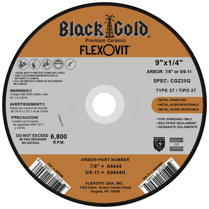 FLEXOVIT - 9" X 1/4" X 7/8" BLACK GOLD® 20 GRIT ZIRCONIA & CERAMIC GRAIN REINFORCED TYPE 27 DEPRESSED CENTER GRINDING WHEEL - A8444
