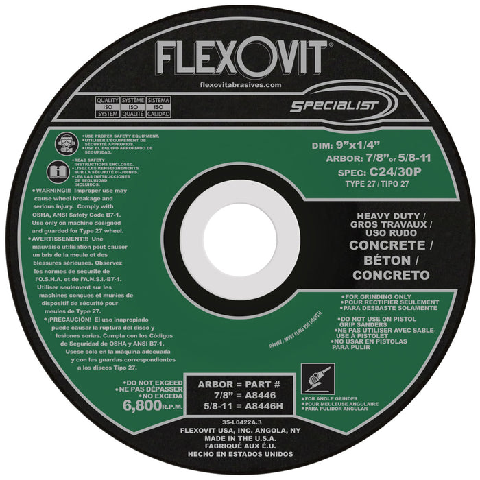 FLEXOVIT - 9" X 1/4" X 7/8" SPECIALIST® CONCRETE 24- GRIT SILICON CARBIDE GRAIN REINFORCED TYPE 27 DEPRESSED CENTER GRINDING WHEEL - A8446