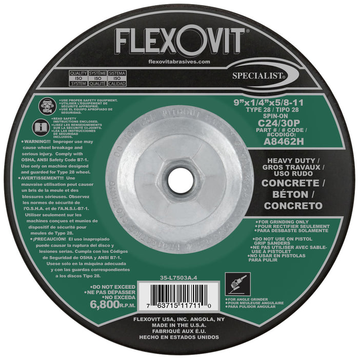 FLEXOVIT - 9" X 1/4" X 5/8" - 11 SPECIALIST® CONCRETE 24- GRIT SILICON CARBIDE GRAIN REINFORCED TYPE 28 SPIN-ON DEPRESSED CENTER GRINDING WHEEL - A8462H
