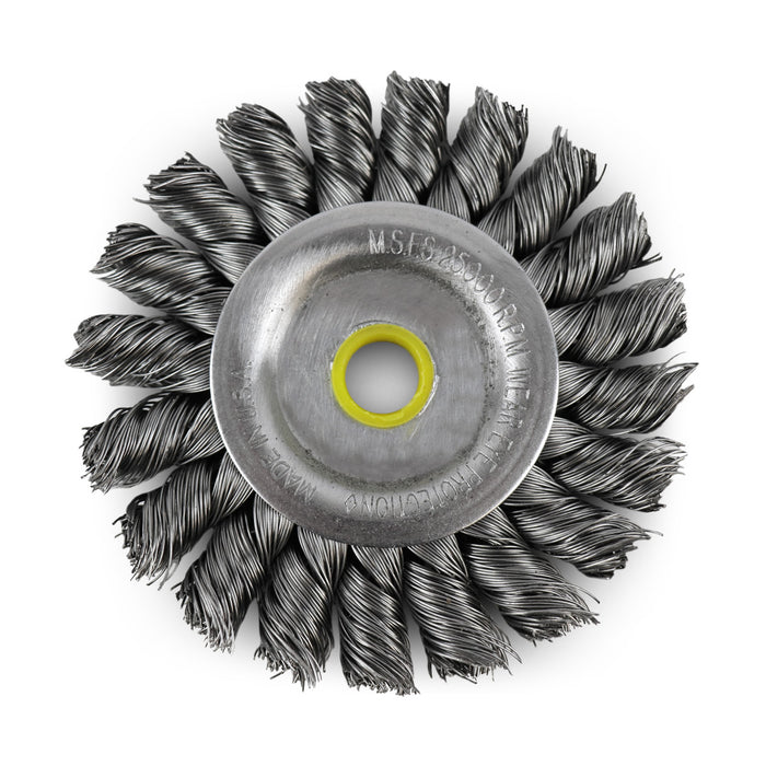 FLEXOVIT - HIGH PERFORMANCE WIRE WHEEL BRUSH/CLAMSHELL .014 CARBON REGULAR TWIST KNOT  4X5/8X1/2,3/8 - C1070P