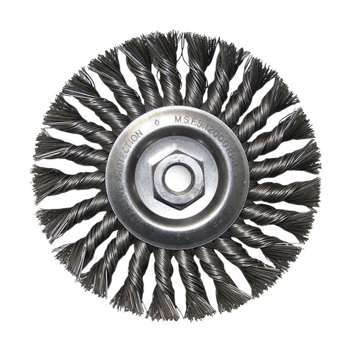FLEXOVIT - HIGH PERFORMANCE WIRE WHEEL BRUSH/CLAMSHELL .023 CARBON FULL CABLE TWIST KNOT 6X3/8X5/8-11 - C1100P