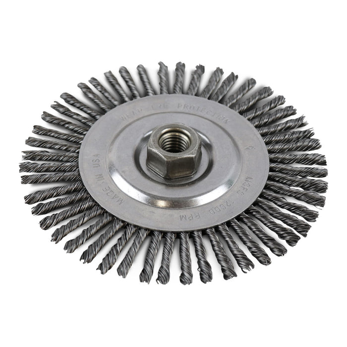 FLEXOVIT - HIGH PERFORMANCE WIRE WHEEL BRUSH/CLAMSHELL .020 CARBON STRINGER BEAD KNOT 6-1/2X1/4X5/8-11 - C1110P