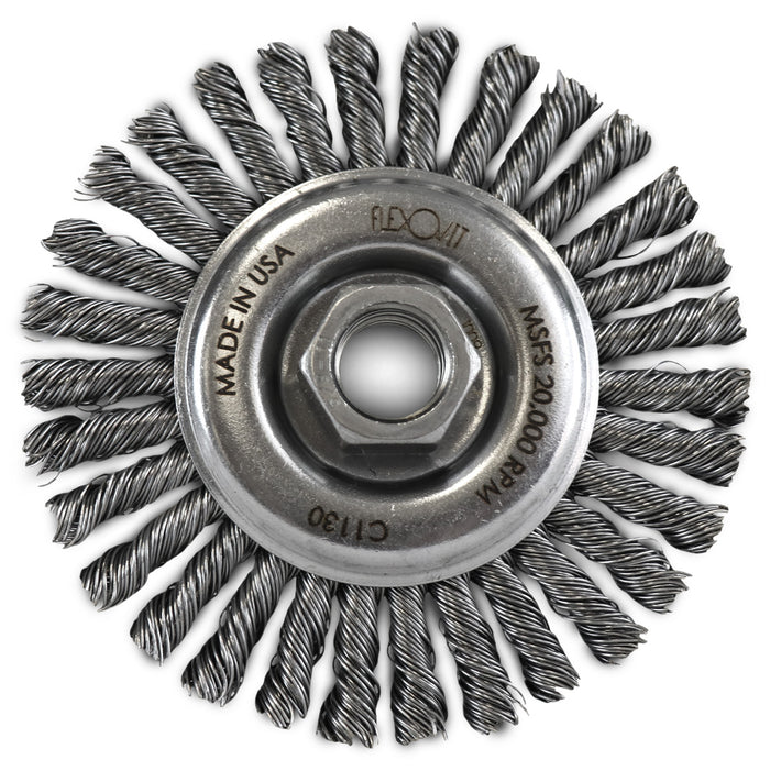 FLEXOVIT - HIGH PERFORMANCE WIRE WHEEL BRUSH/CLAMSHELL .020 CARBON STRINGER BEAD KNOT 4X1/4X5/8-11 - C1130P