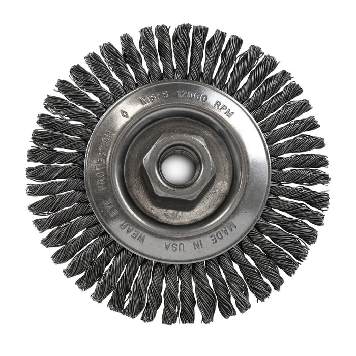 FLEXOVIT - HIGH PERFORMANCE WIRE WHEEL BRUSH/CLAMSHELL .020 CARBON STRINGER BEAD KNOT 5X1/4X5/8-11 - C1270P
