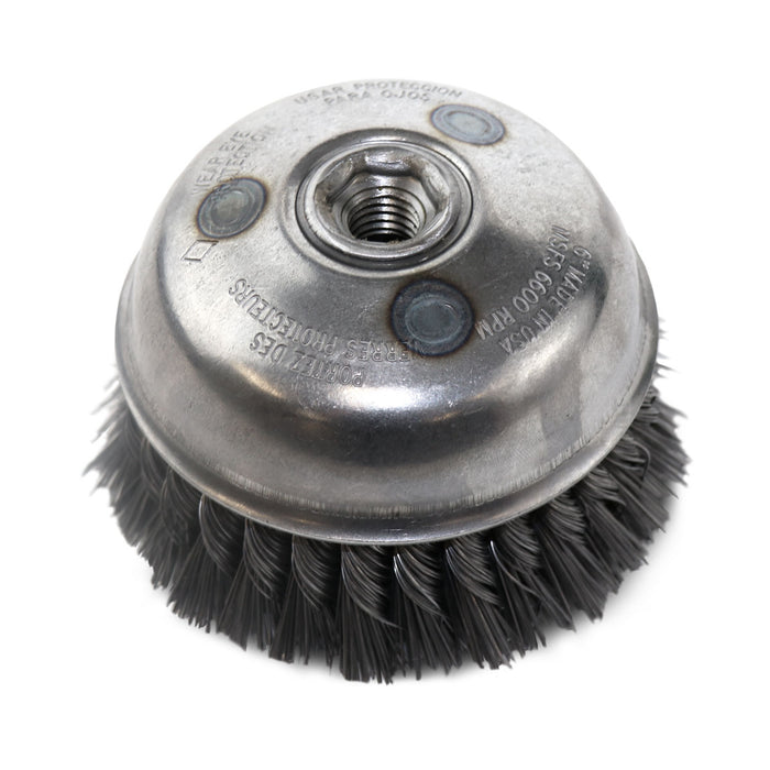 FLEXOVIT - HIGH PERFORMANCE WIRE CUP BRUSH/CLAMSHELL .020 CARBON KNOTTED 6X5/8-11 - C1640P
