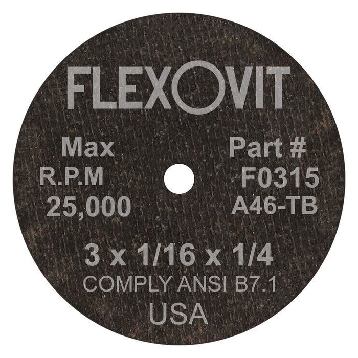 FLEXOVIT - 3" X 1/16" X 1/4" HIGH PERFORMANCE™ A46 GRIT ALUMINUM OXIDE GRAIN REINFORCED TYPE 1 CUT-OFF WHEEL - F0315