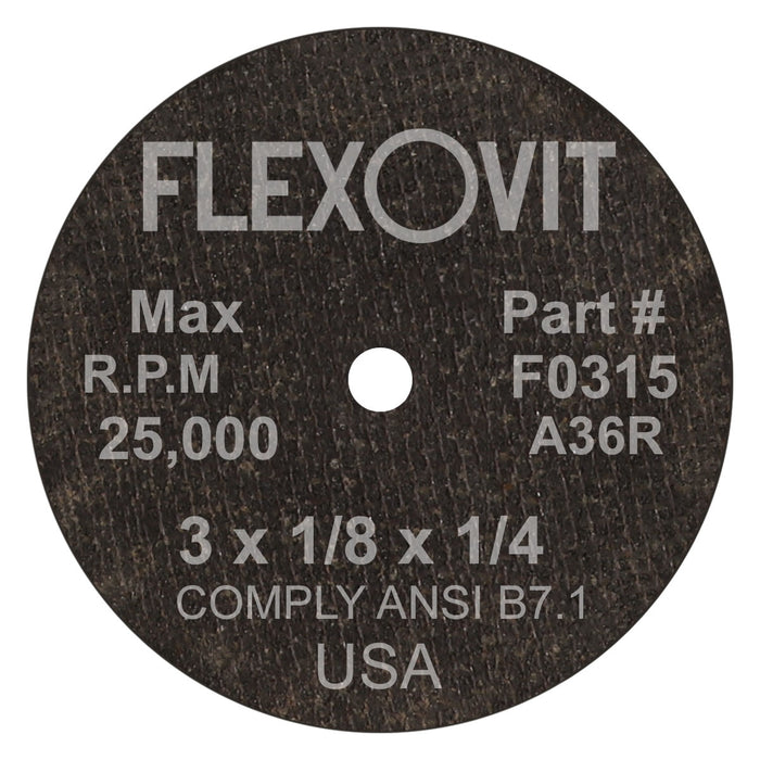 FLEXOVIT - 3" X 1/8" X 1/4" HIGH PERFORMANCE™ A36 GRIT ALUMINUM OXIDE GRAIN REINFORCED TYPE 1 CUT-OFF WHEEL - F0335