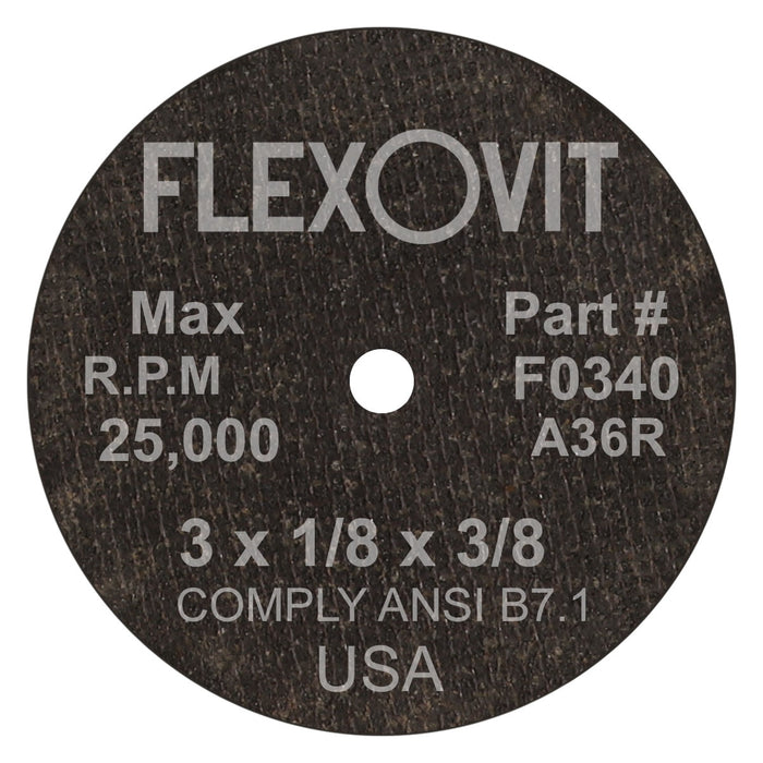 FLEXOVIT - 3" X 1/8" X 3/8" HIGH PERFORMANCE™ A36 GRIT ALUMINUM OXIDE GRAIN REINFORCED TYPE 1 CUT-OFF WHEEL - F0340