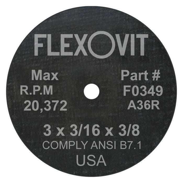 FLEXOVIT - 3" X 3/16" X 3/8" HIGH PERFORMANCE™ 36 GRIT ALUMINUM OXIDE GRAIN REINFORCED TYPE 1 GRINDING WHEEL - F0349