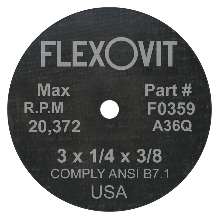 FLEXOVIT - 3" X 1/4" X 3/8" HIGH PERFORMANCE™ 36 GRIT ALUMINUM OXIDE GRAIN REINFORCED TYPE 1 GRINDING WHEEL - F0359
