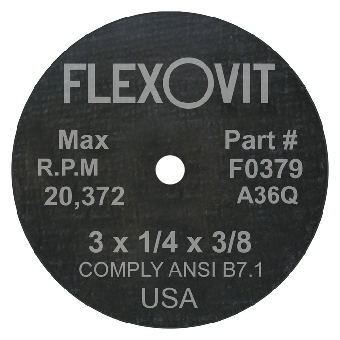 FLEXOVIT - 3" X 1/2" X 3/8" HIGH PERFORMANCE™ 36 GRIT ALUMINUM OXIDE GRAIN REINFORCED TYPE 1 GRINDING WHEEL - F0379