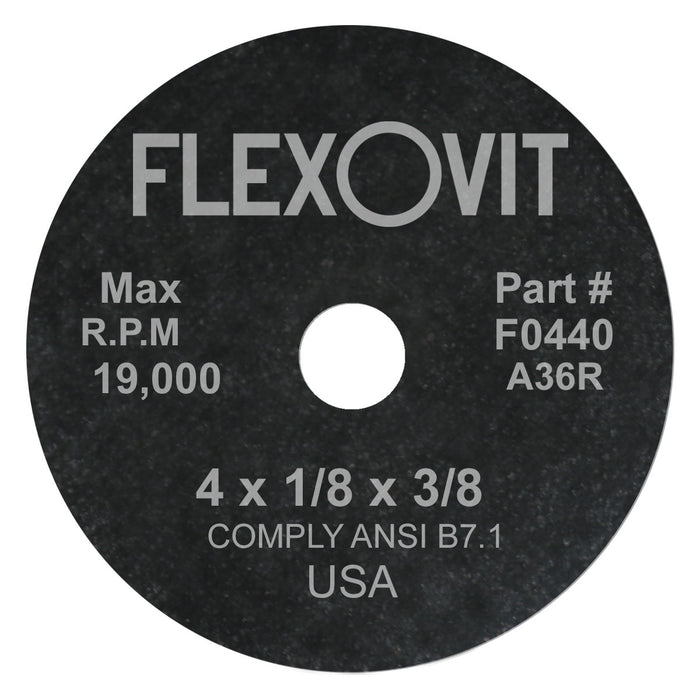 FLEXOVIT - 4" X 1/8" X 3/8" HIGH PERFORMANCE™ 36 GRIT ALUMINUM OXIDE GRAIN REINFORCED TYPE 1 CUT-OFF WHEEL - F0440