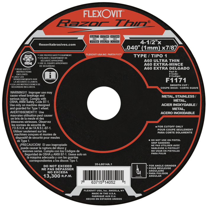 FLEXOVIT - 4-1/2" X .040" X 7/8" RAZORTHIN® 60 GRIT ALUMINUM OXIDE GRAIN REINFORCED TYPE 1 THIN CUT-OFF WHEEL - F1171