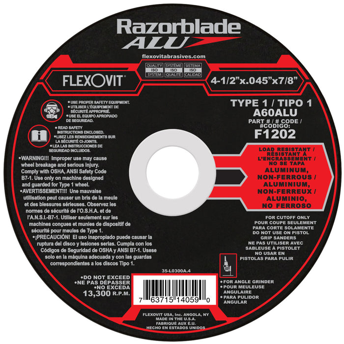 FLEXOVIT - 4-1/2" X .045" X 7/8" RAZORBLADE®ALU 60 GRIT ALUMINUM OXIDE GRAIN REINFORCED TYPE 1 THIN CUT-OFF WHEEL - F1202
