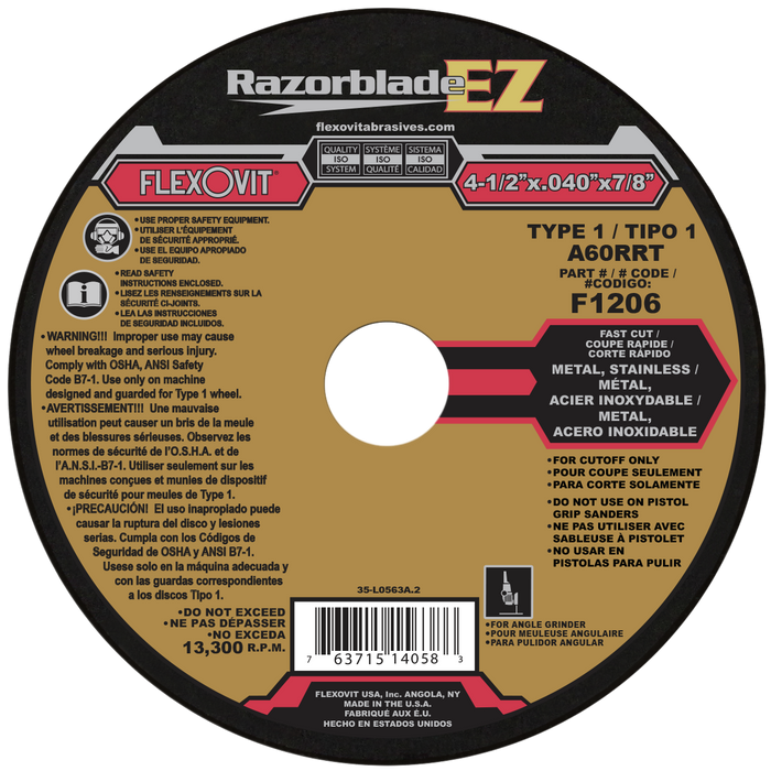 FLEXOVIT - 4-1/2" X .040" X 7/8" RAZORBLADE®EZ 60 GRIT ALUMINUM OXIDE GRAIN REINFORCED TYPE 1 THIN CUT-OFF WHEEL - F1206