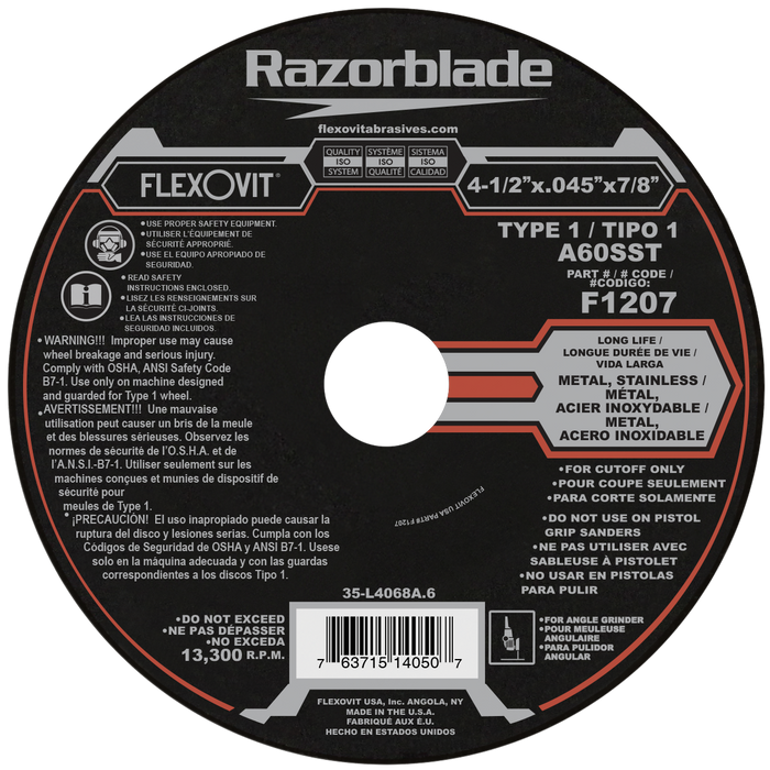 FLEXOVIT - 4-1/2" X .045" X 7/8" RAZORBLADE® 60 GRIT ALUMINUM OXIDE GRAIN REINFORCED TYPE 1 THIN CUT-OFF WHEEL - F1207