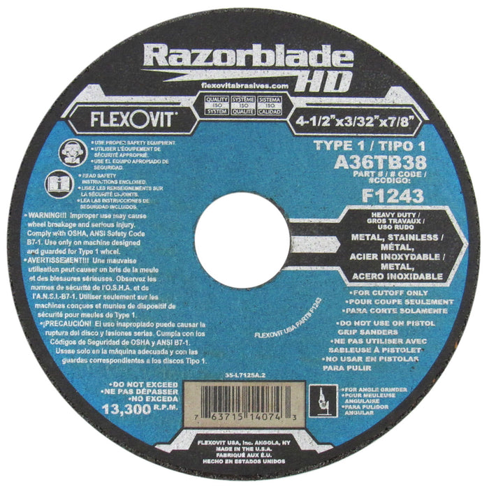 FLEXOVIT - 4-1/2" X 3/32" X 7/8" RAZORBLADE®HD 36 GRIT ALUMINUM OXIDE GRAIN REINFORCED TYPE 1 THIN CUT-OFF WHEEL - F1243
