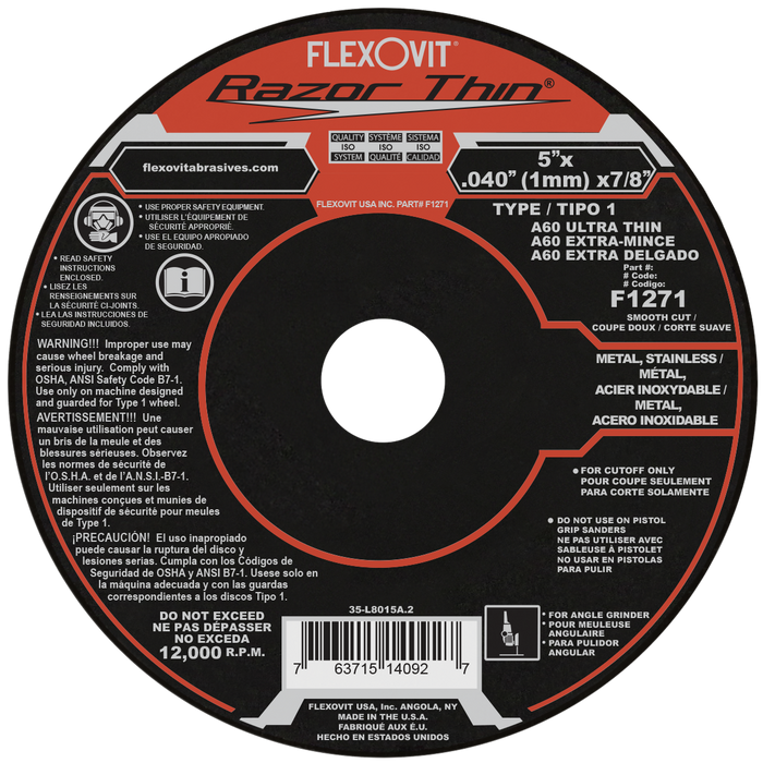 FLEXOVIT - 5" X .040" X 7/8" RAZORTHIN® 60 GRIT ALUMINUM OXIDE GRAIN REINFORCED TYPE 1 THIN CUT-OFF WHEEL - F1271