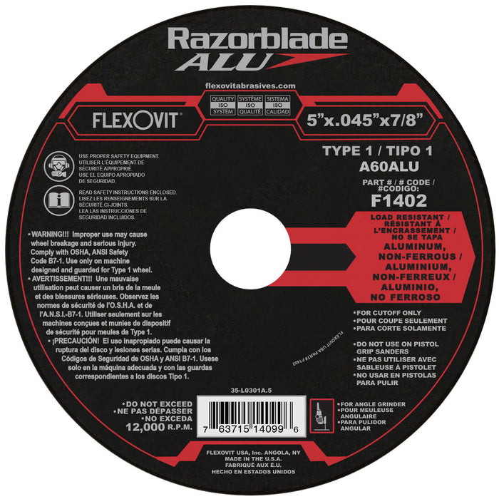 FLEXOVIT - 5" X .045" X 7/8" RAZORBLADE®ALU 60 GRIT ALUMINUM OXIDE GRAIN REINFORCED TYPE 1 THIN CUT-OFF WHEEL - F1402