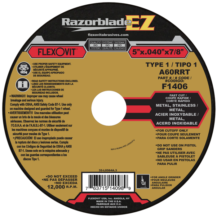 FLEXOVIT - 5" X .040" X 7/8" RAZORBLADE®EZ 60 GRIT ALUMINUM OXIDE GRAIN REINFORCED TYPE 1 THIN CUT-OFF WHEEL - F1406