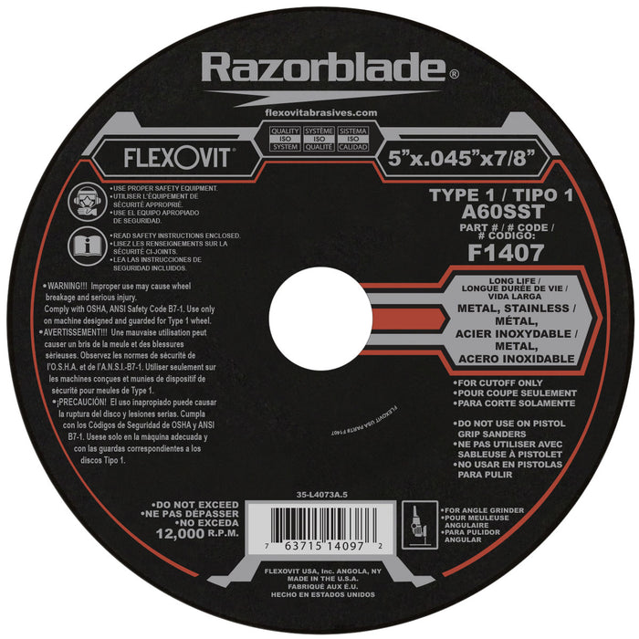 FLEXOVIT - 5" X .045" X 7/8" RAZORBLADE® 60 GRIT ALUMINUM OXIDE GRAIN REINFORCED TYPE 1 THIN CUT-OFF WHEEL - F1407