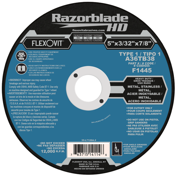 FLEXOVIT - 5" X 3/32" X 7/8" RAZORBLADE®HD 36 GRIT ALUMINUM OXIDE GRAIN REINFORCED TYPE 1 THIN CUT-OFF WHEEL - F1445