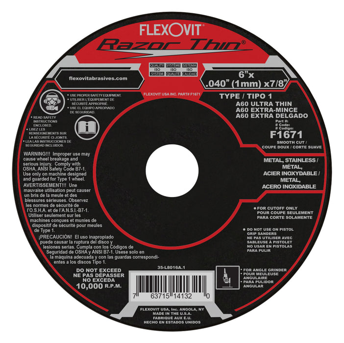 FLEXOVIT - 6" X .040" X 7/8" RAZORTHIN® 60 GRIT ALUMINUM OXIDE GRAIN REINFORCED TYPE 1 THIN CUT-OFF WHEEL - F1671